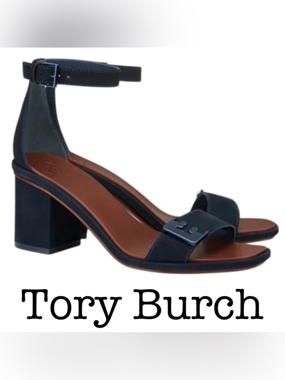 Tory Burch Navy Leather Block Heel Sandal with Ankle Strap Size 11